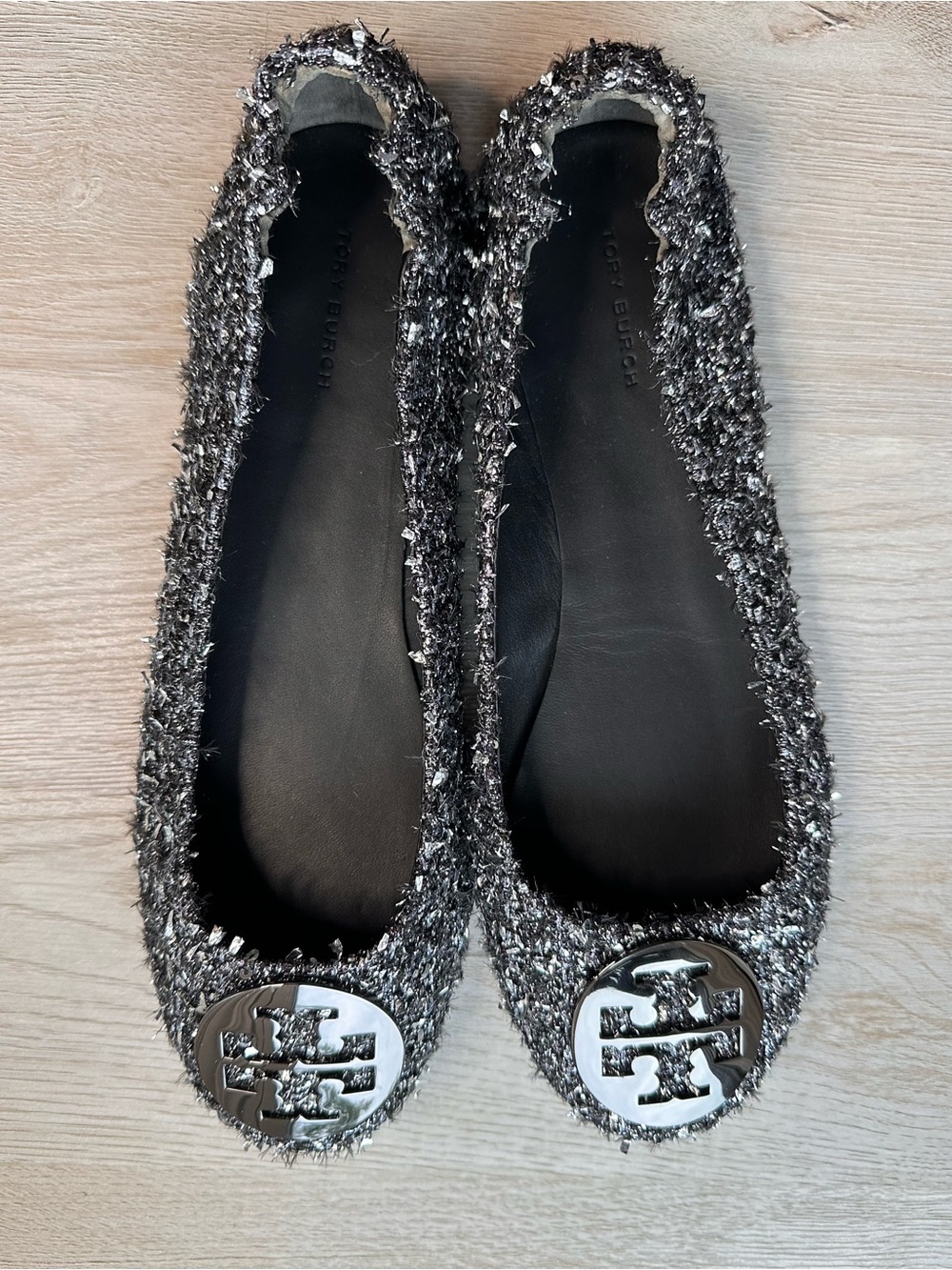 Tory Burch Minnie Travel Ballet Flat (Silver Confetti Tweed) Black & Silver